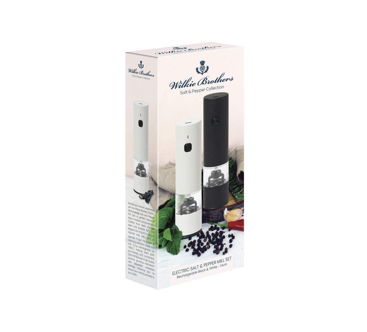 Electric Rechargable Salt and Pepper Mill Set, Black and White Matte - 17ml